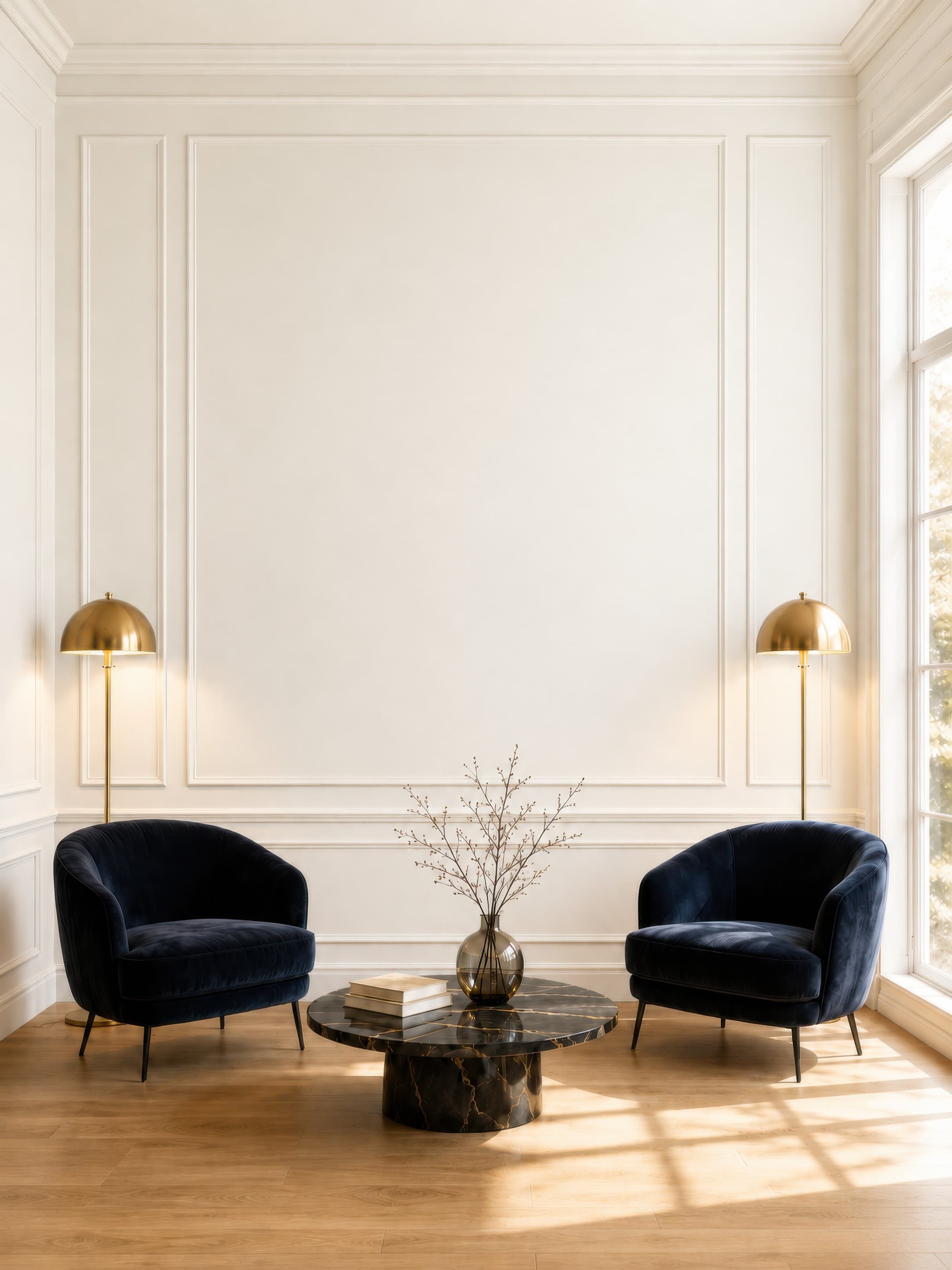 Elegant living room with a bright white paneled wall, navy velvet chairs, brass lamps, and a black marble table, ranked 20 among canvas mockups