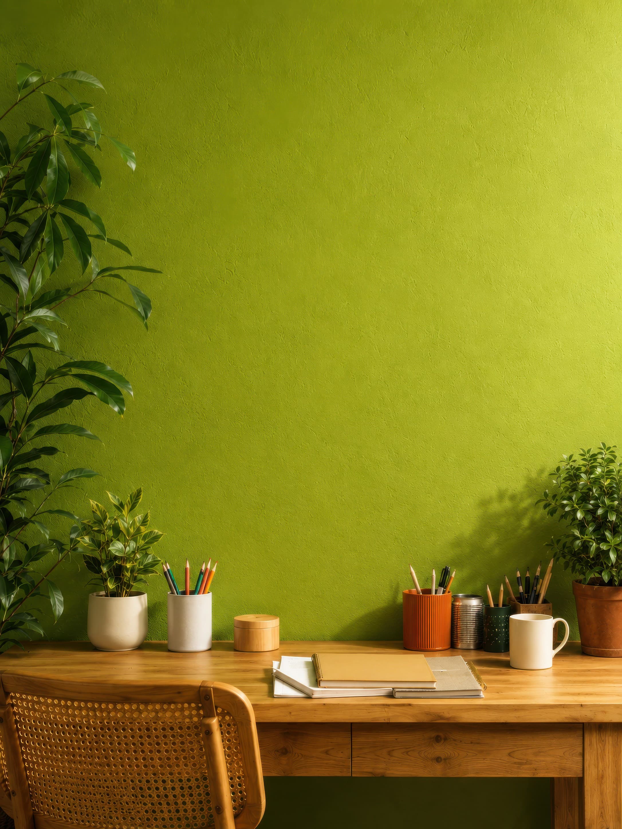 Portrait botanical office workspace with an empty vivid green plaster wall above a warm wooden desk and rattan chair, ranked 11 among office mockups