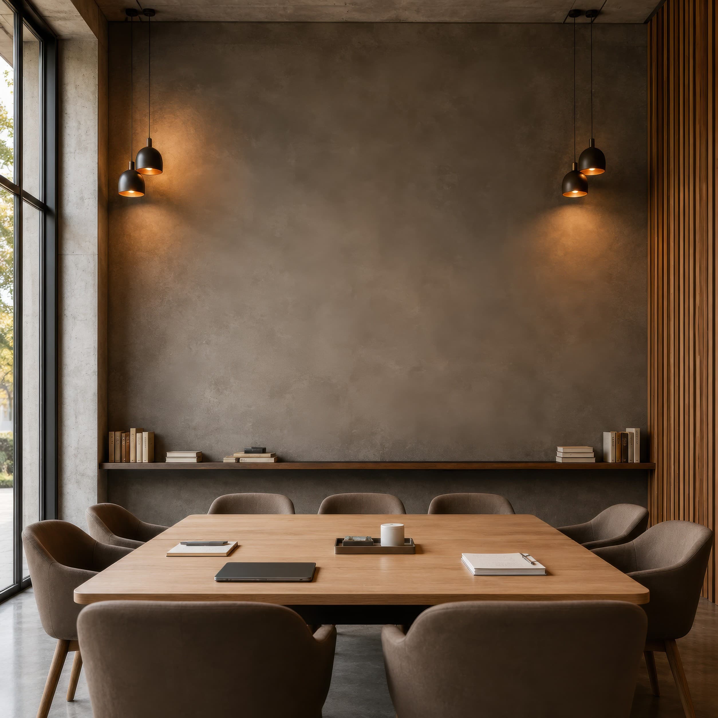 Contemporary conference room with a large empty warm concrete wall above a wood meeting table, ranked 17 among office mockups