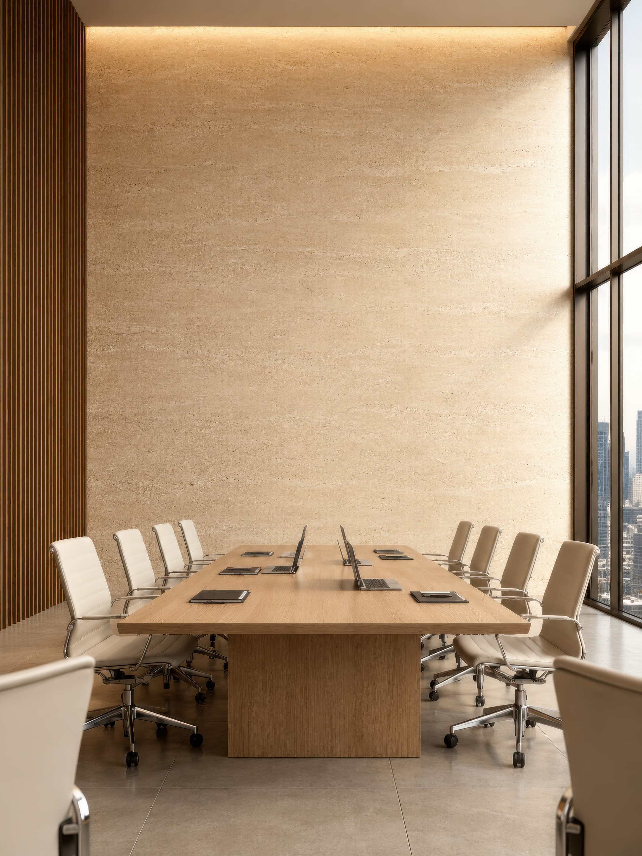 Luxury modern boardroom with a large empty warm travertine wall above a light oak conference table, ranked 9 among office mockups