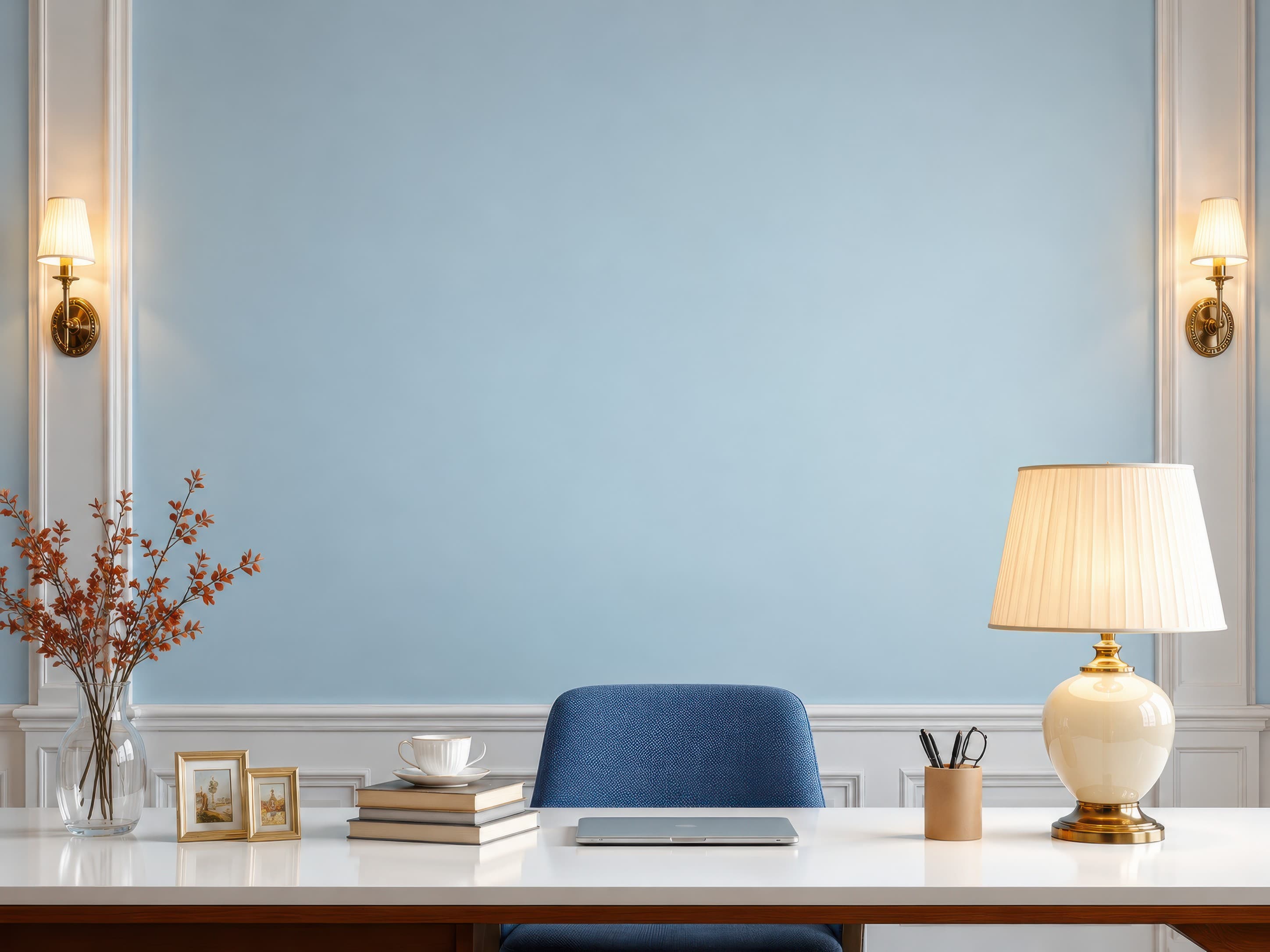Elegant classical office with an empty powder-blue wall above a white desk, blue chair, brass lighting, and refined decor, ranked 18 among office mockups
