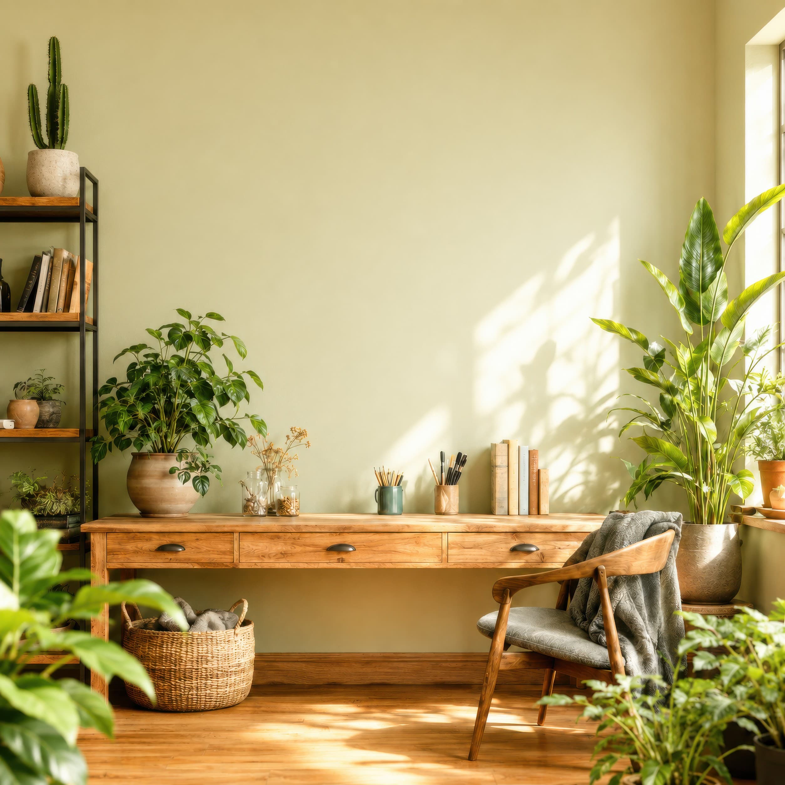 Bright plant-filled home office with an empty sage green plaster wall above a warm wooden desk, ranked 3 among office mockups