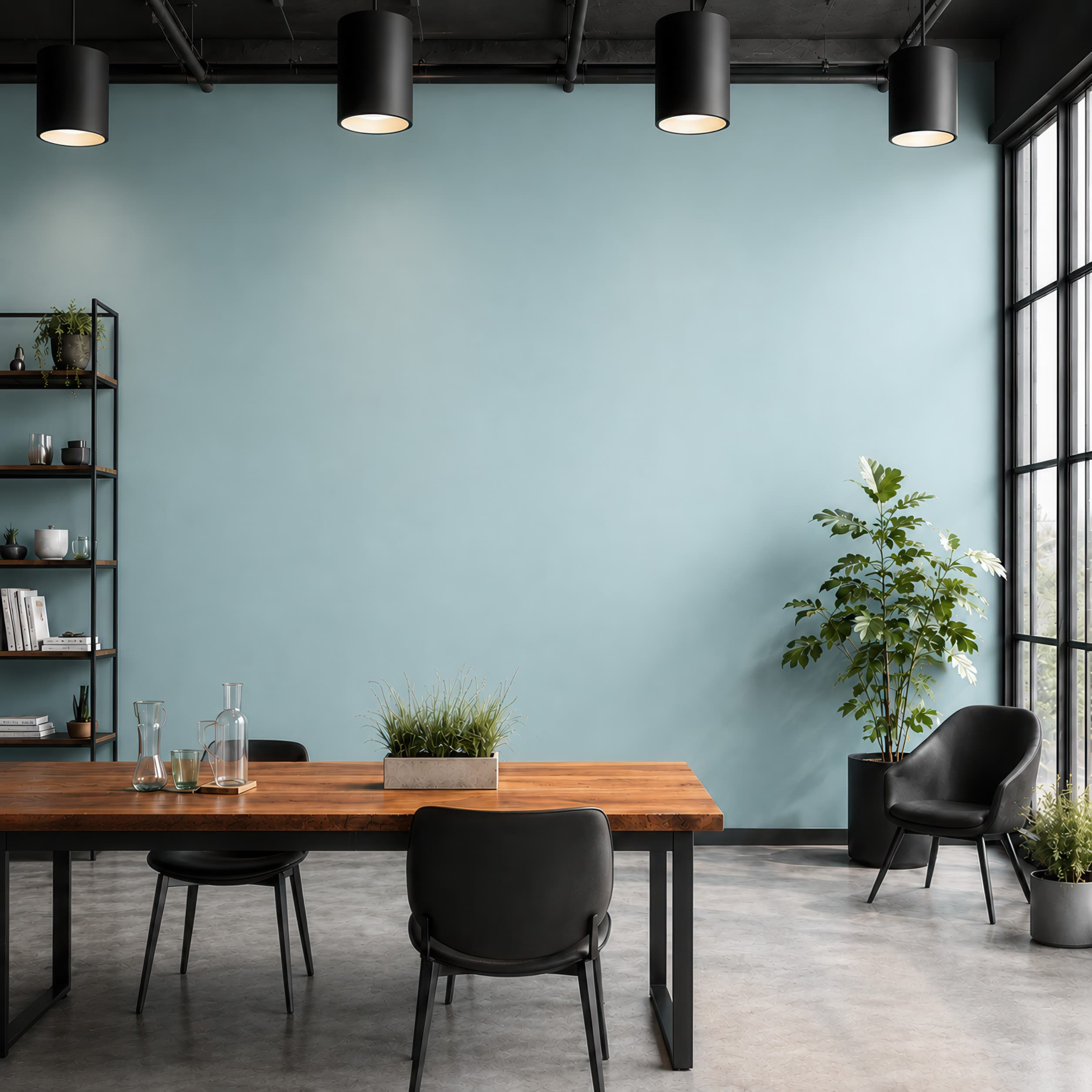 Modern industrial dining room with a clean light teal wall above a warm wood conference table, ranked 19 among office mockups