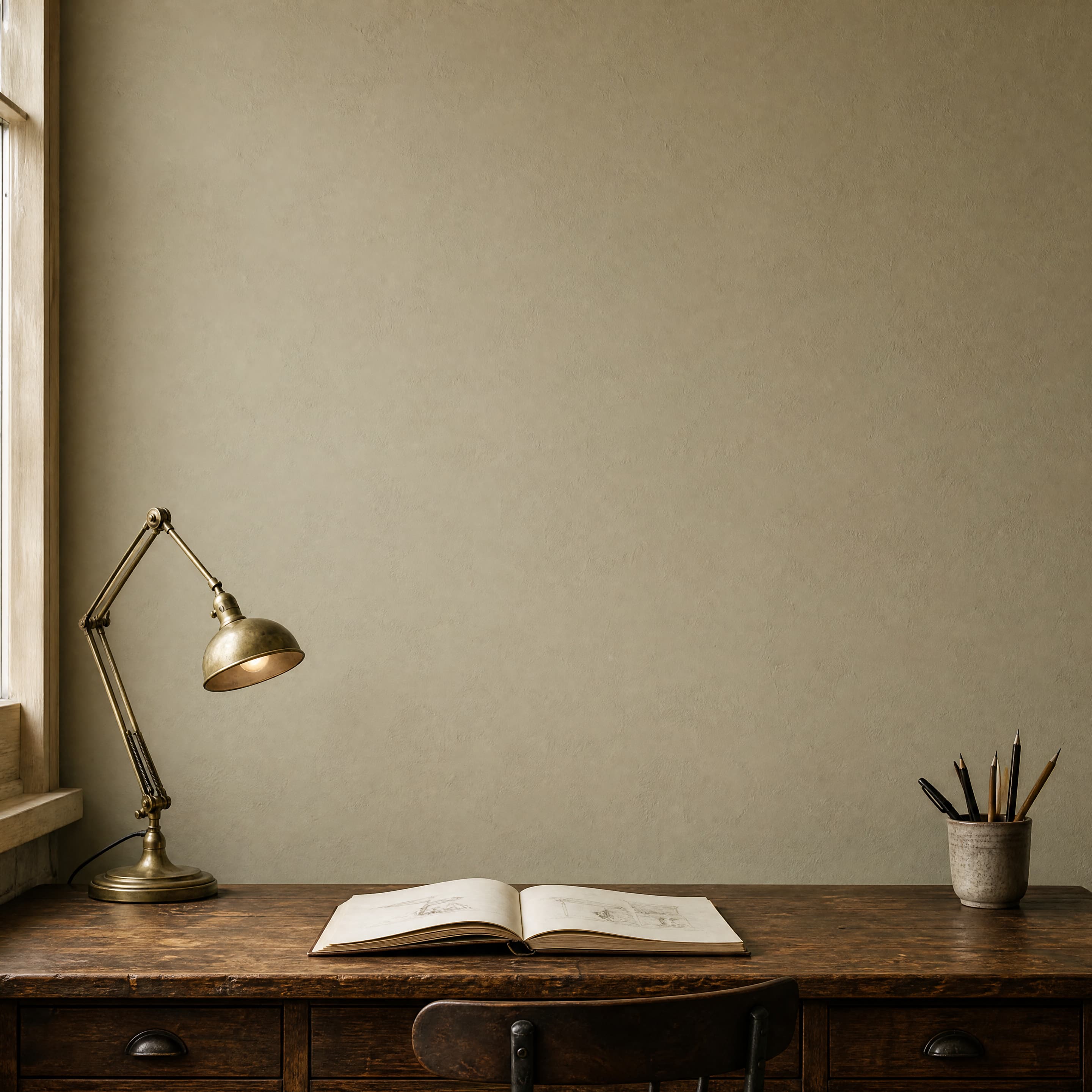 Vintage office wall mockup with an empty olive plaster wall above a dark wooden writing desk, ranked 13 among office mockups