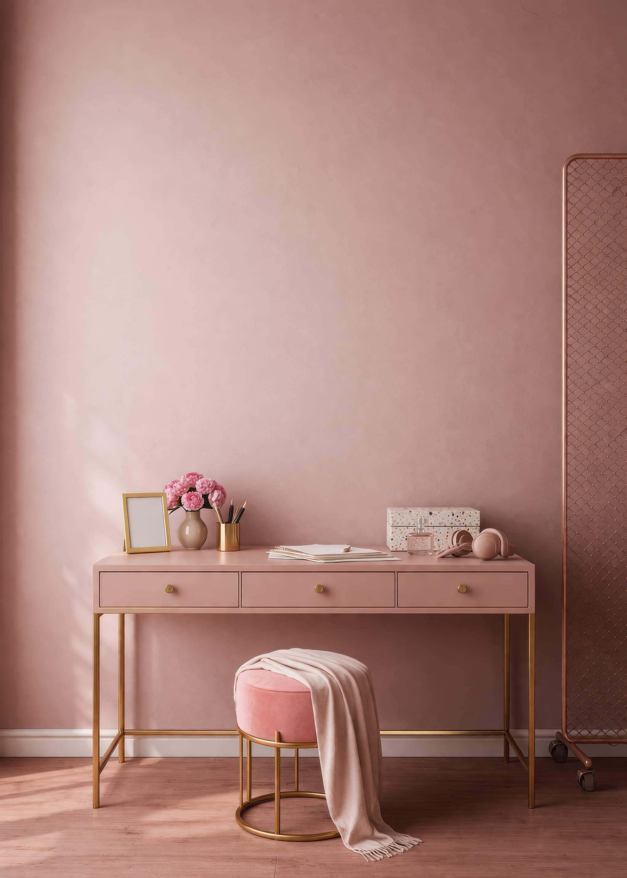 Soft pink vanity with gold accents, ranked 14 among bedroom mockups