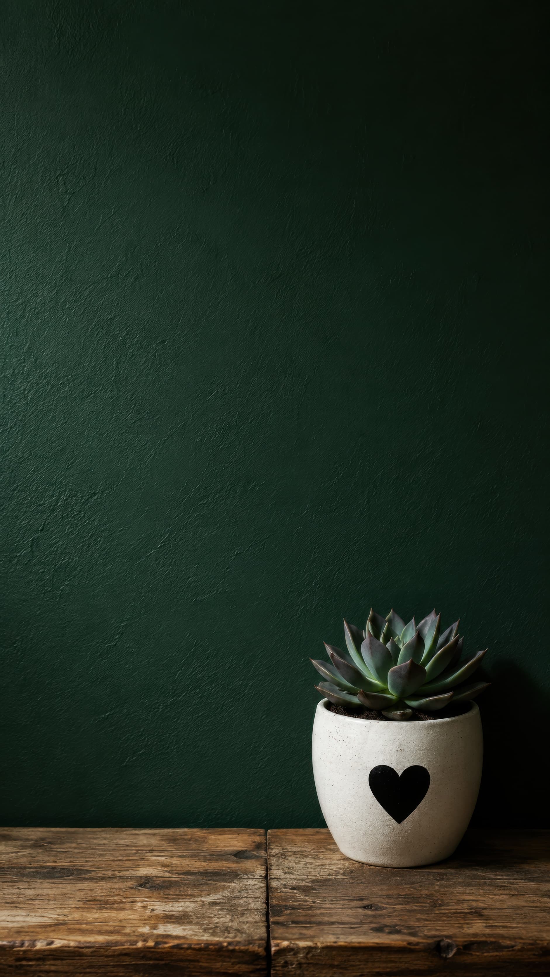Moody green tabletop wall mockup with rustic wood surface and a small succulent pot on the lower right, ranked 10 among blank-wall mockups