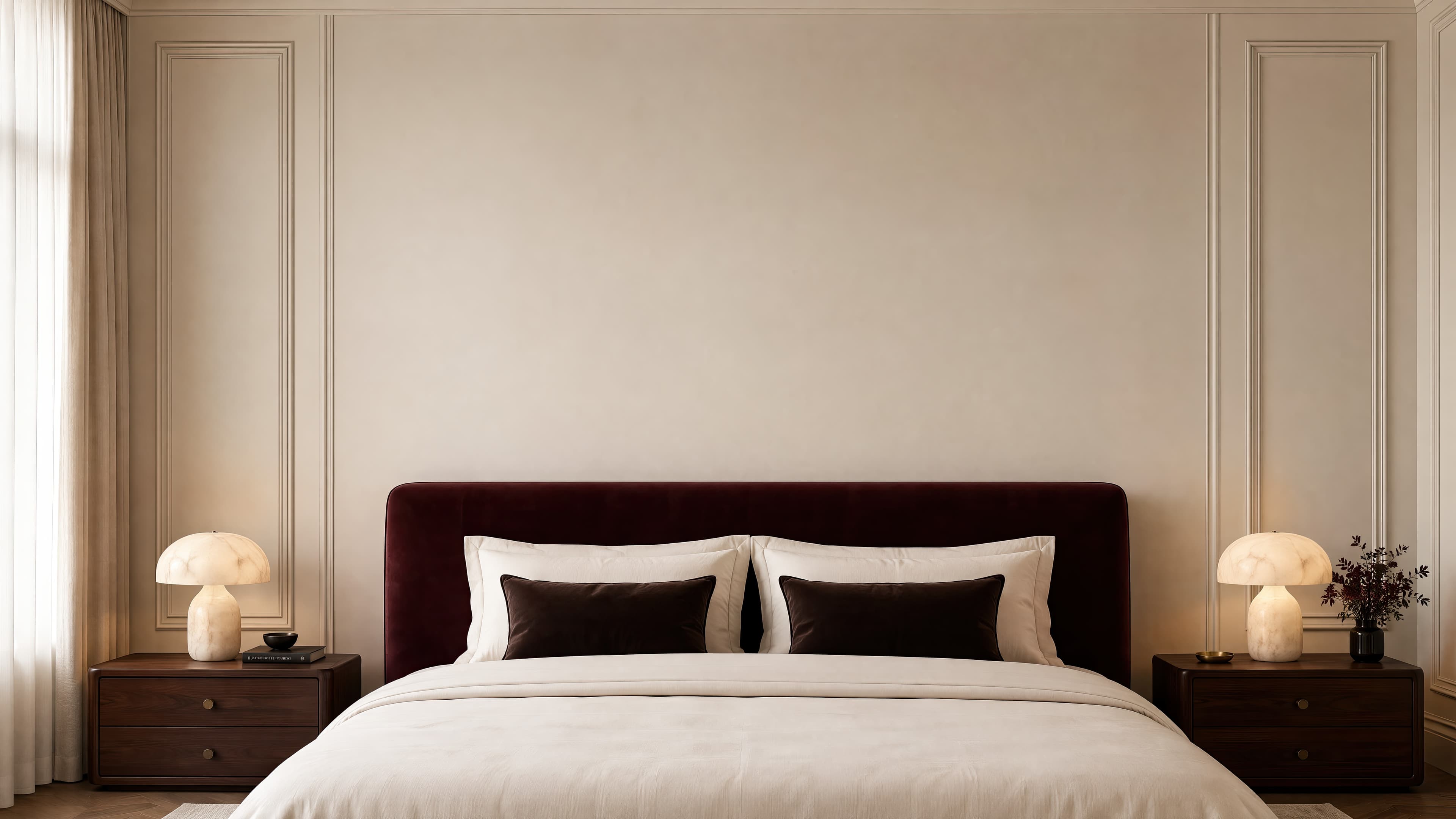 Elegant contemporary bedroom with an empty warm greige wall above an oxblood velvet headboard, ranked 10 among bedroom mockups