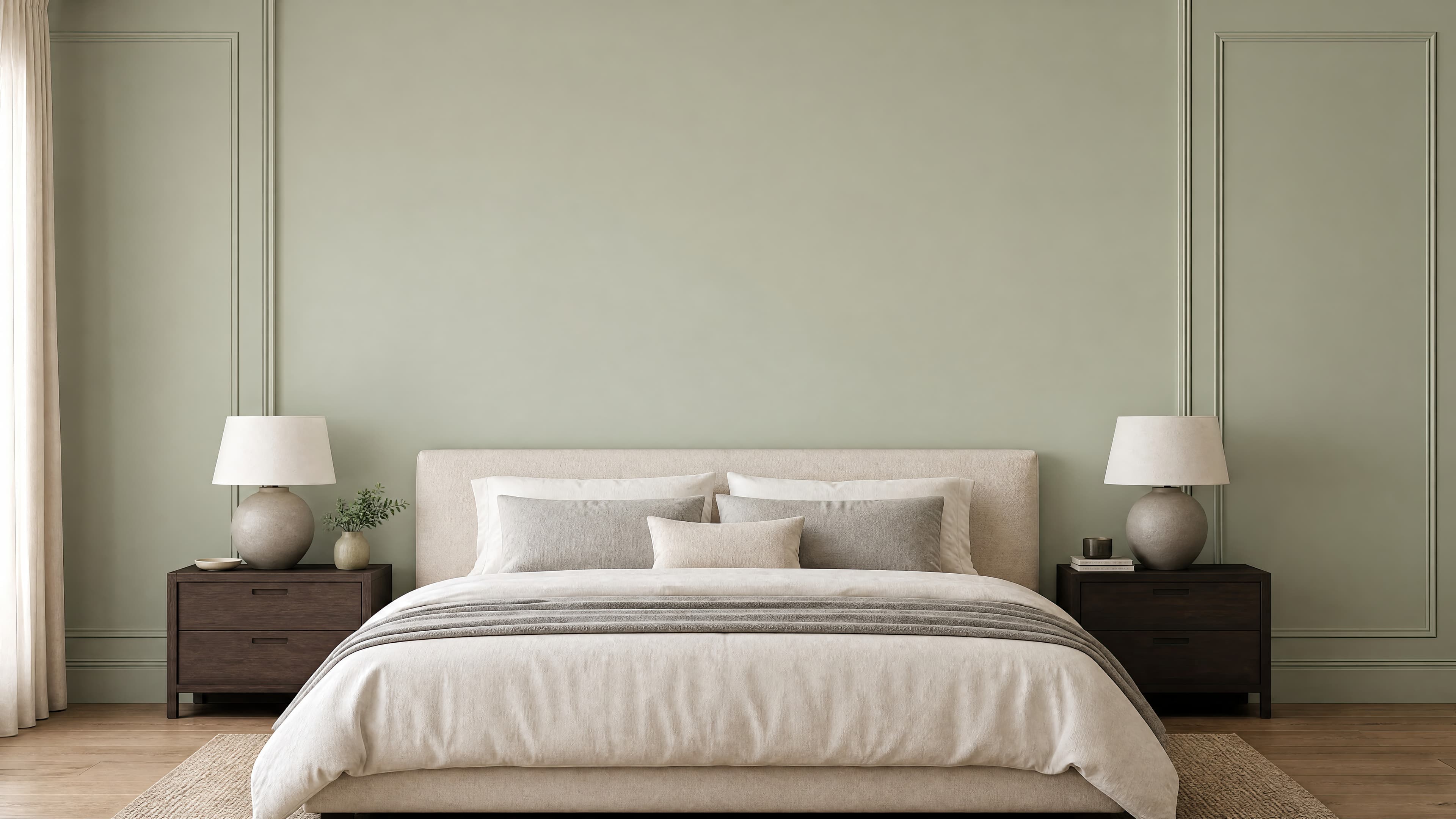 Calm classic bedroom with an empty sage paneled wall above a cream upholstered bed, ranked 15 among bedroom mockups