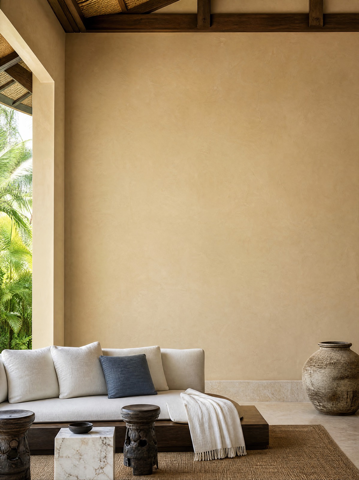 Tall dune-sand plaster wall with dark teak furniture in the island villa pavilion room