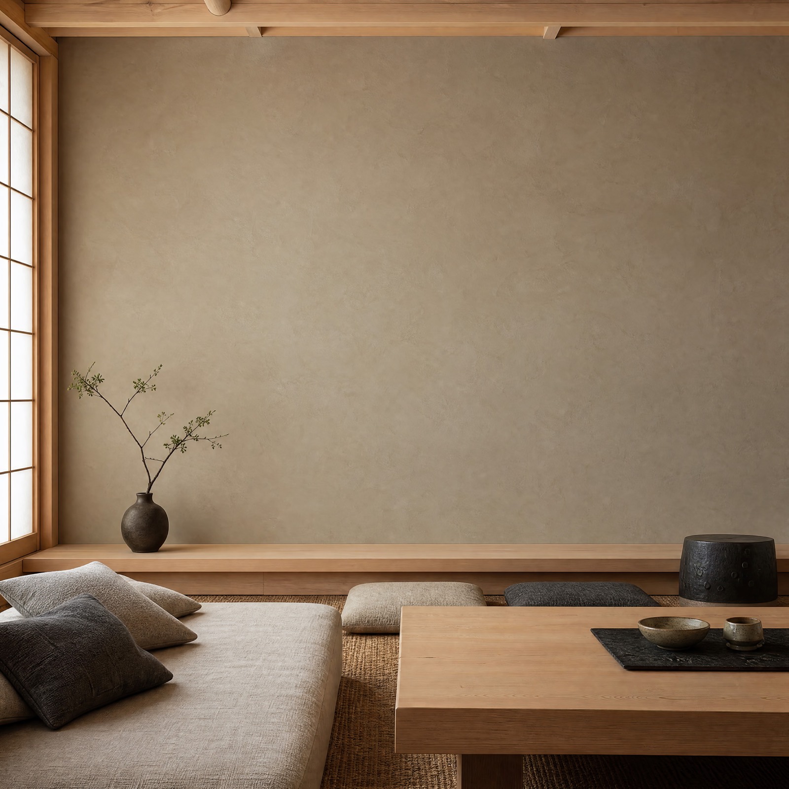 Warm taupe clay display wall above a low hinoki platform in the Japanese-inspired ryokan room