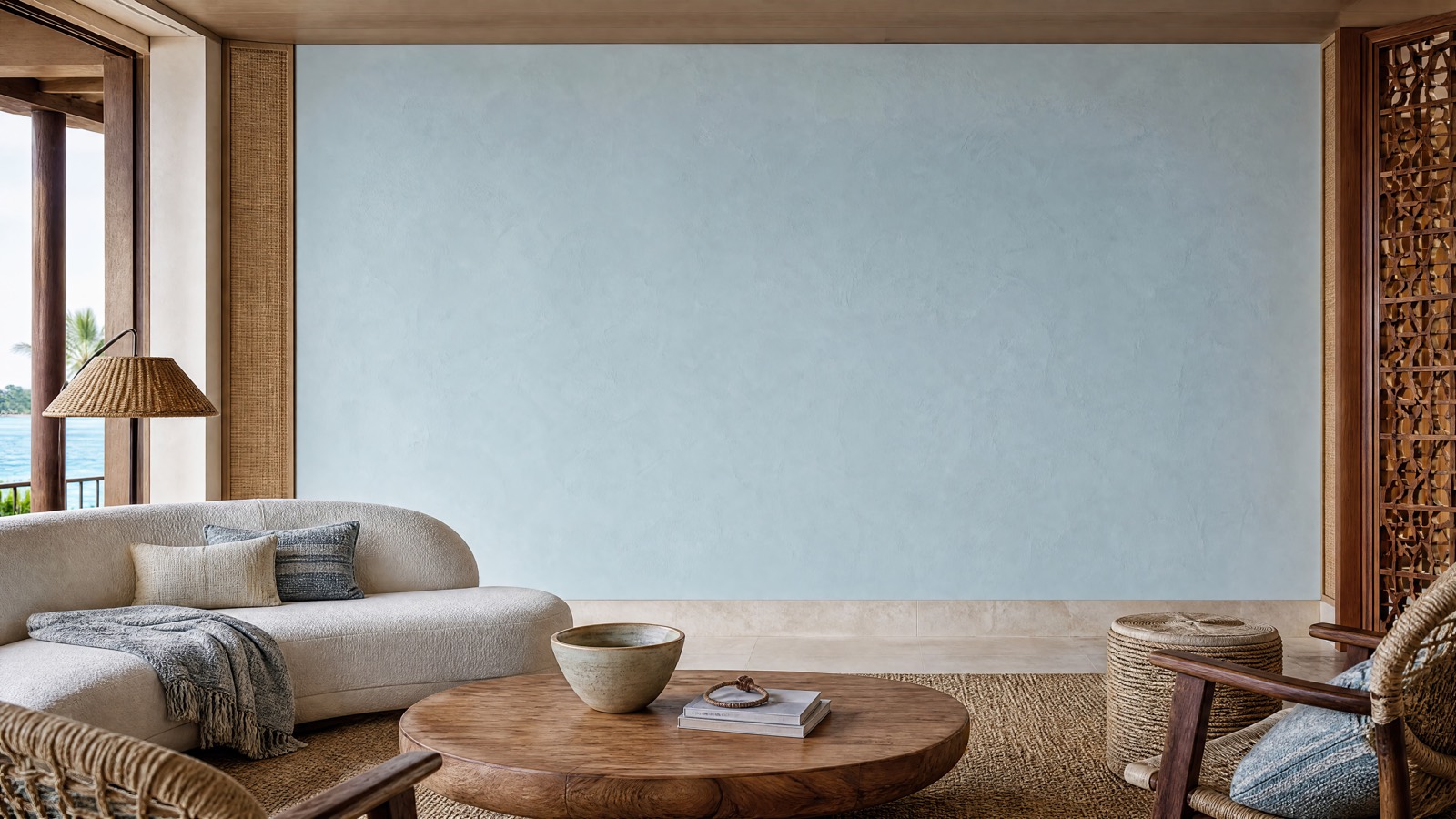 Panoramic soft blue wall with carved wood and raffia details in the Maui private club room