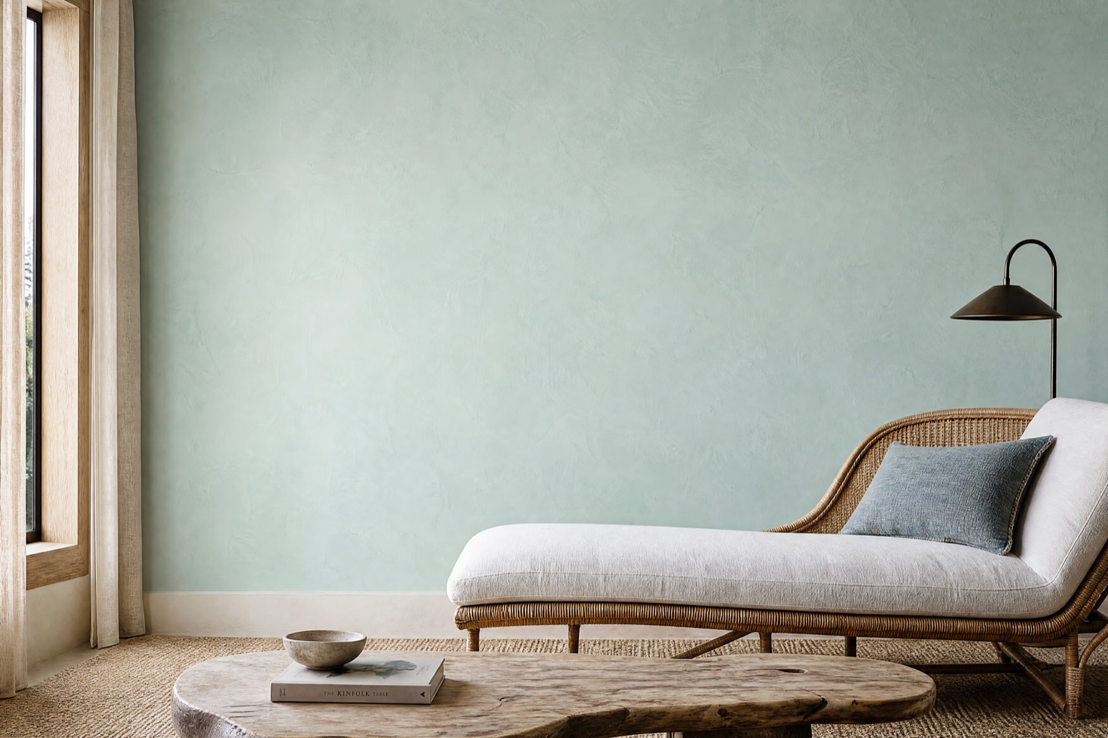 Open sea-glass plaster wall above a cane chaise and woven rug