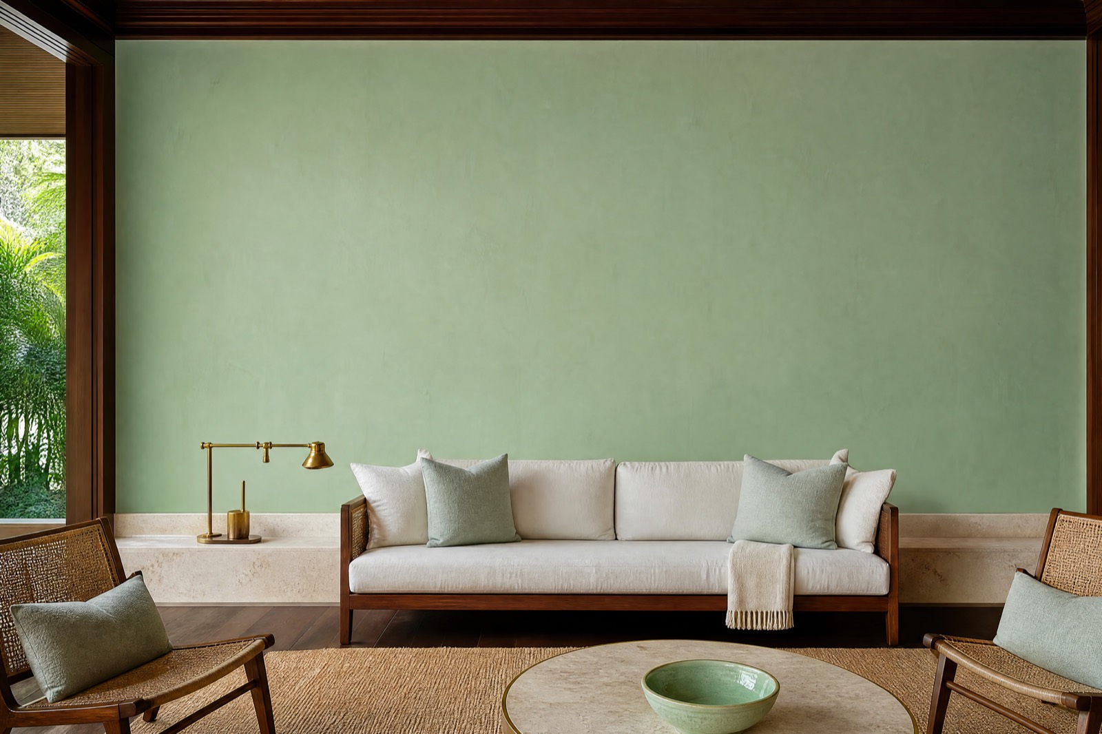 Celadon sage display wall surrounded by teak trim and woven seating in the Thai Andaman room