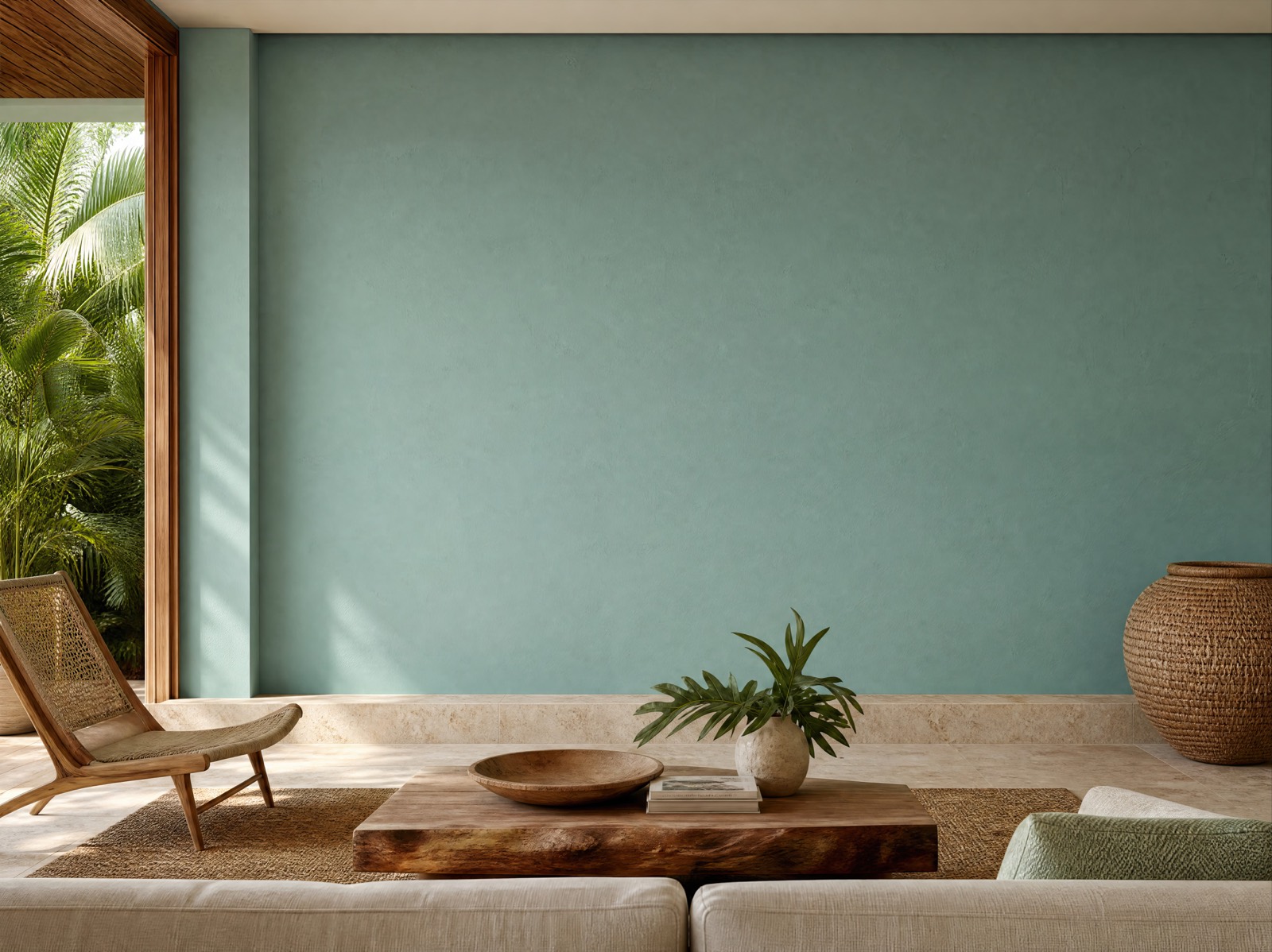 Muted teal plaster display wall above a honed stone ledge in the tropical modern room