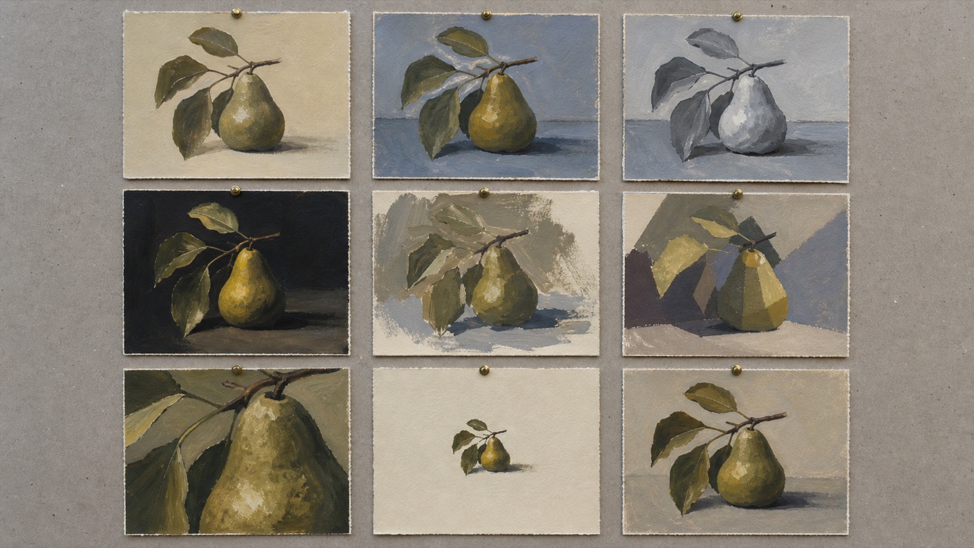 Nine connected pear studies from the final week of a painting challenge, each changing one visual variable