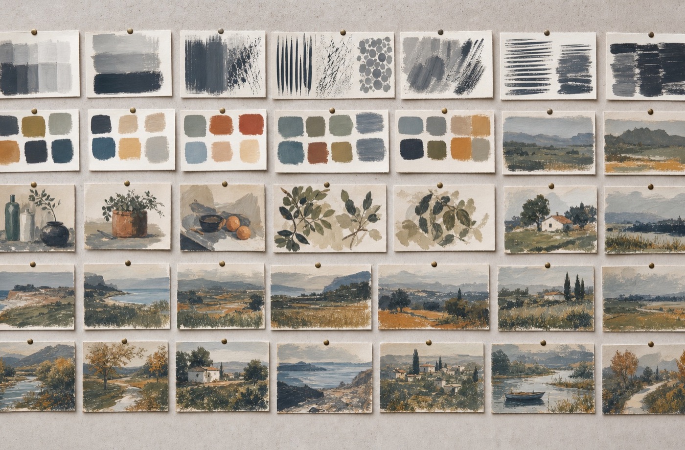 A grid of small paintings from a 30-day challenge, showing a visible progression from simple mark-making studies to a more developed final series