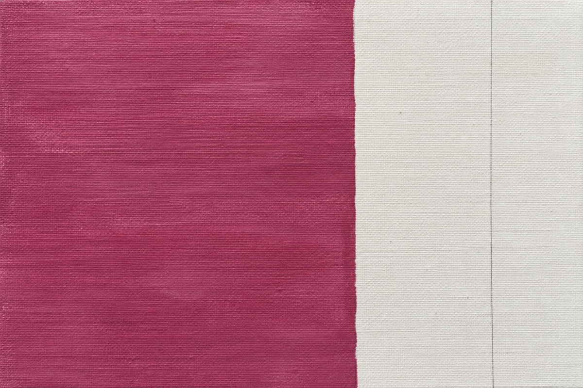Close overhead process view of a fully matte magenta acrylic field with pencil divisions, ready for low-tack tape