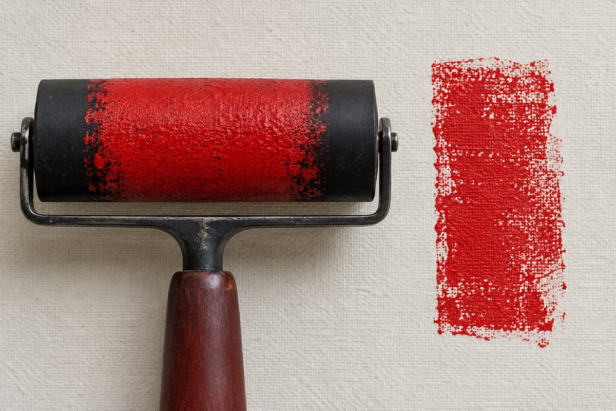 Close overhead process view of a brayer loaded with red acrylic only at its center beside a broken test pass