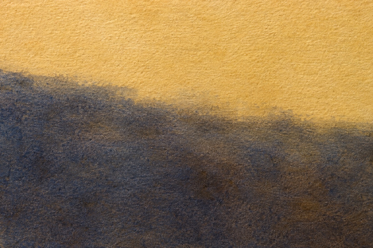 Close overhead process view of a matte first chromatic-black acrylic veil over a pale yellow ground before the next glaze