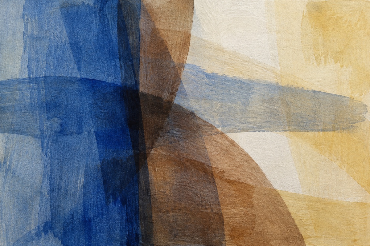 Tight crop of layered blue-brown chromatic-black acrylic veils showing translucent overlaps and a pale warm ground