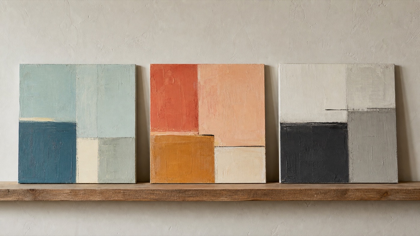 Three small abstract paintings with different color palettes hung together on a neutral wall to compare mood and scale