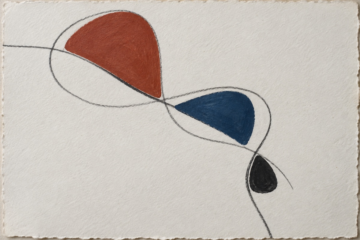 Tight overhead crop of one continuous graphite line organizing three unequal opaque red ochre, blue, and black gouache shapes