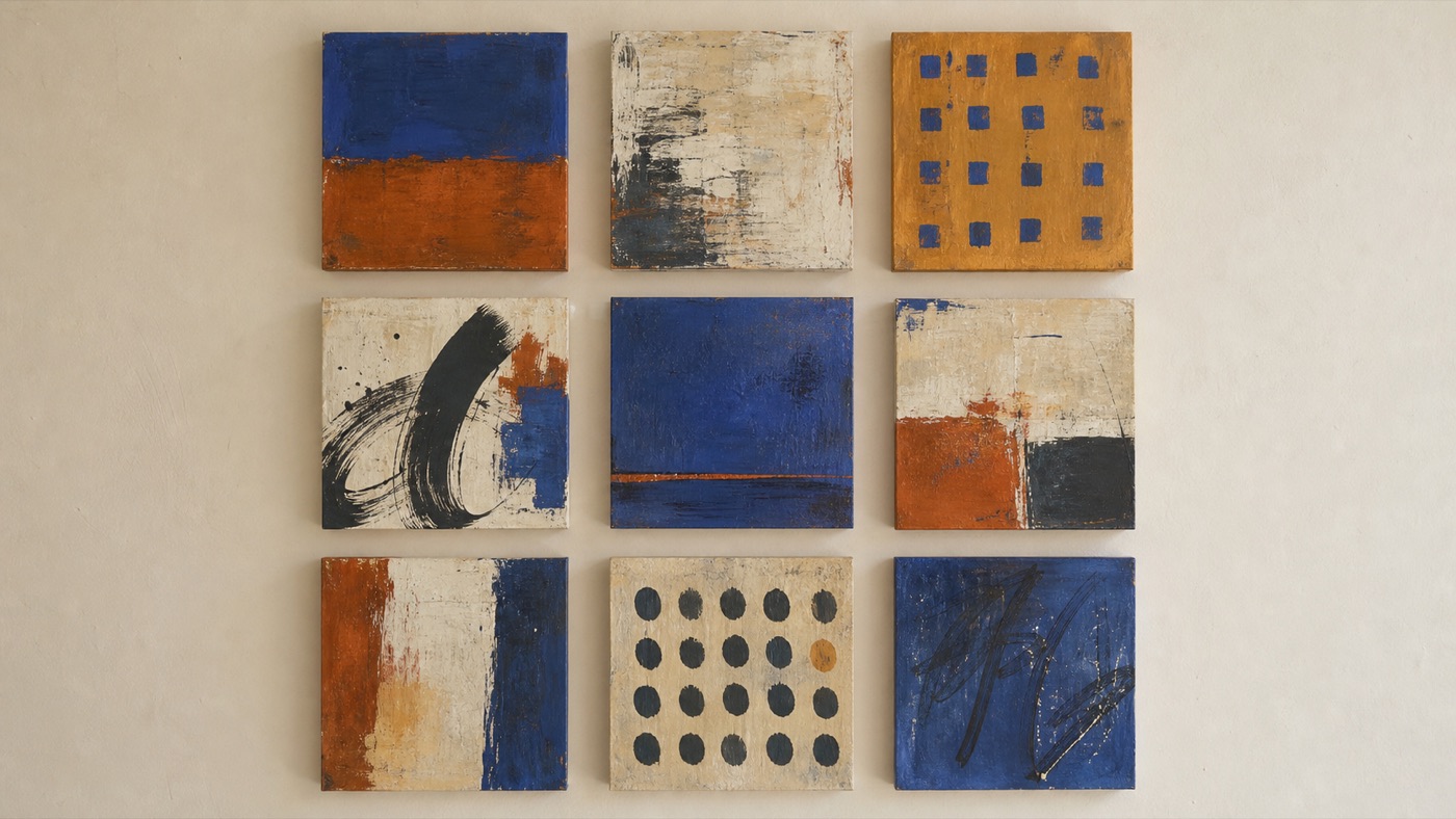 Nine small abstract painting studies arranged as a cohesive daily swatch series
