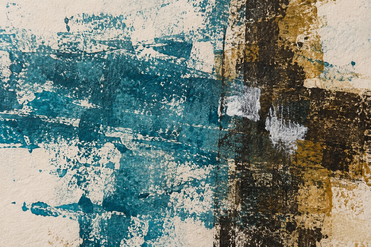 Tight crop of two rotated acrylic ghost-print layers with broken teal marks, warm black transfer, and small white returns