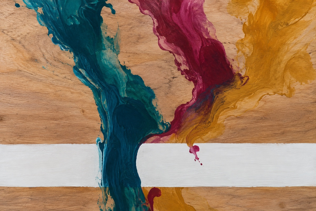 Tight crop of three controlled blue, magenta, and transparent ochre gravity paths crossed by one opaque white band
