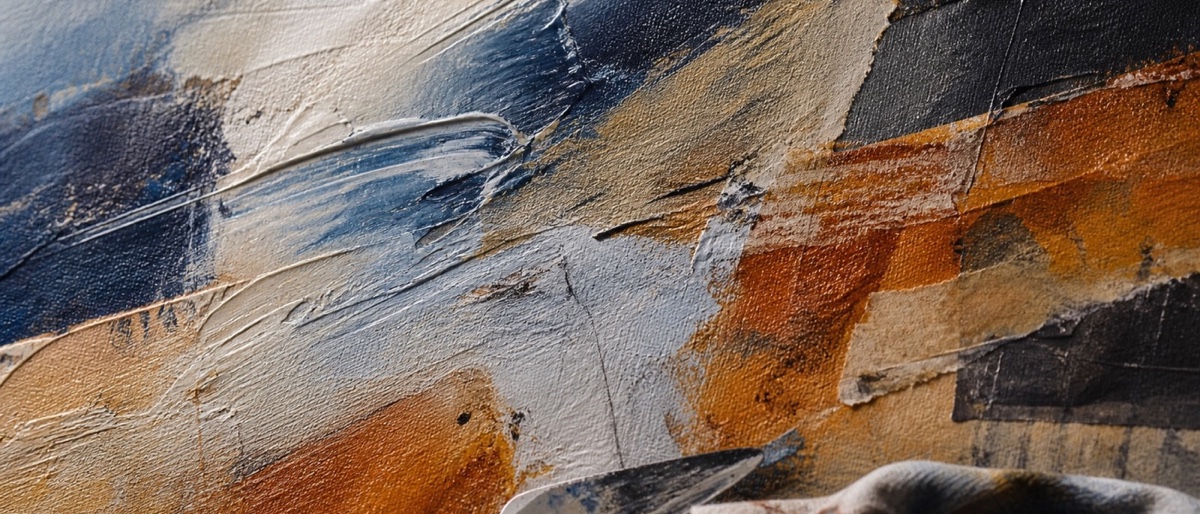 Tight crop of finished blue, warm white, and charcoal palette-knife impasto with broken ridges over a sienna ground