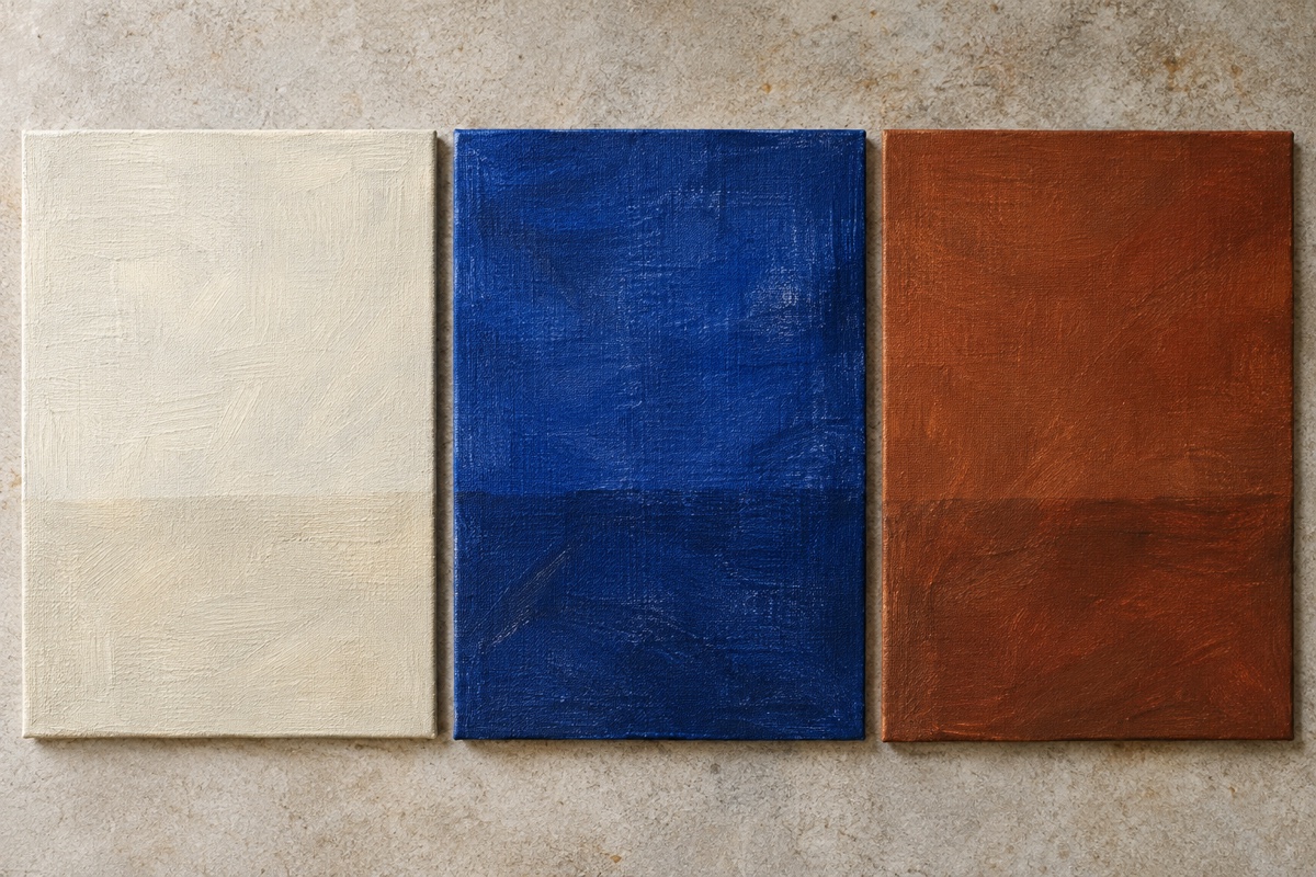 Overhead process view of three small panels with fully matte cream, blue, and sienna first layers ready for the next layer order