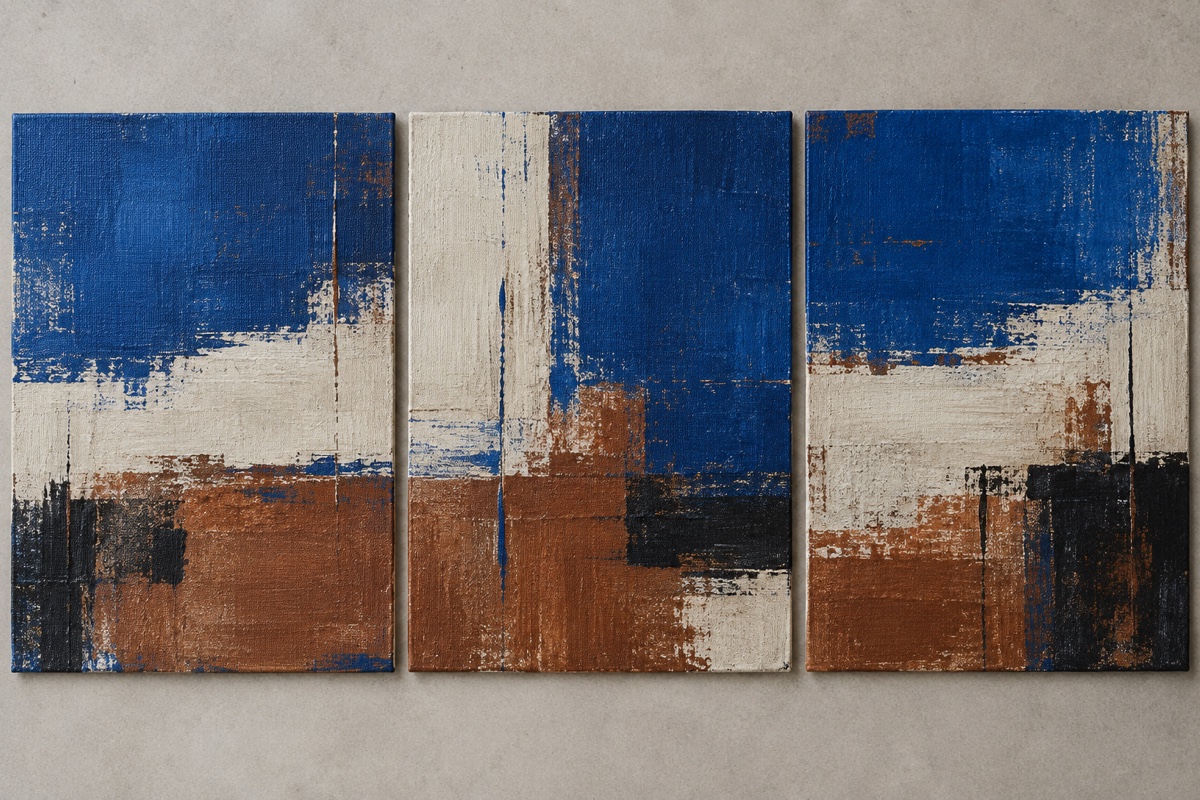 Tight overhead view of three related small abstract panels using the same blue, sienna, cream, and black system in different layer orders
