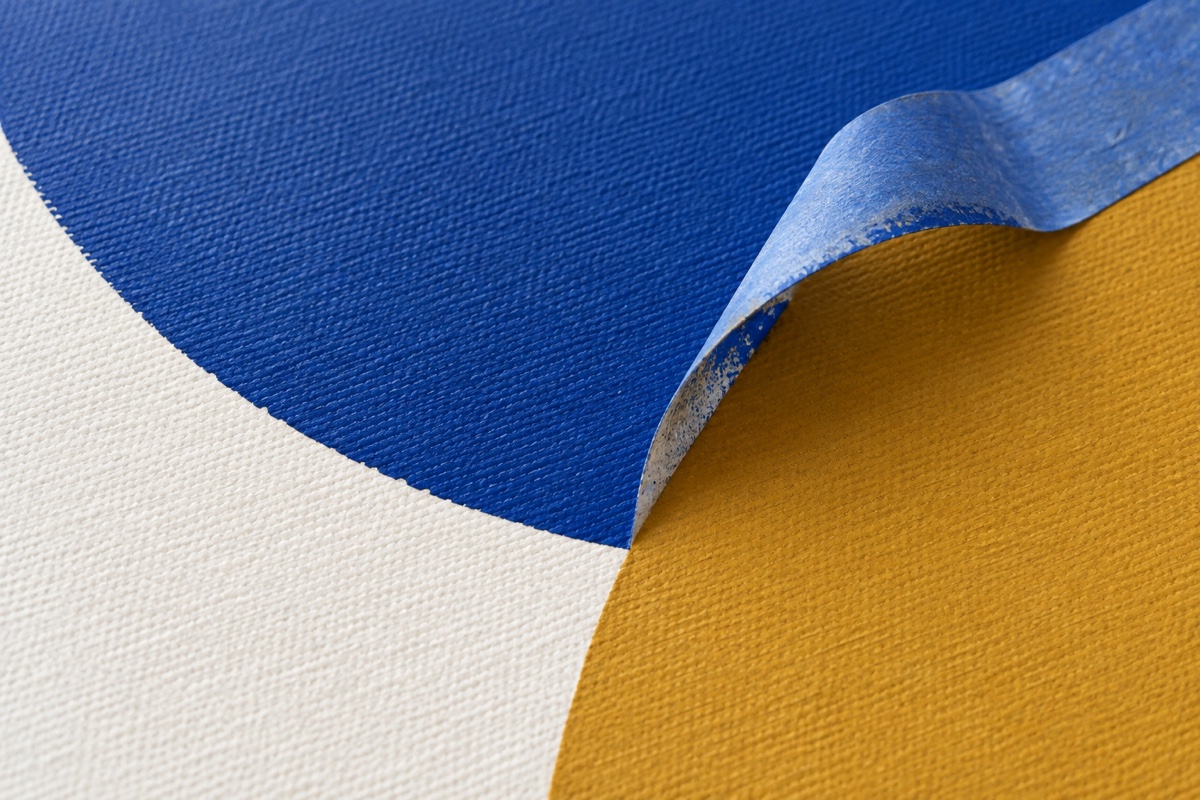 Close overhead process view of low-tack tape peeling from touch-dry cobalt acrylic to reveal a clean off-center arc