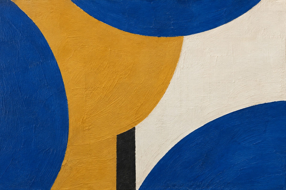 Tight crop of three cropped cobalt arcs on a warm ochre-white field with a small black counterweight and crisp masked edges