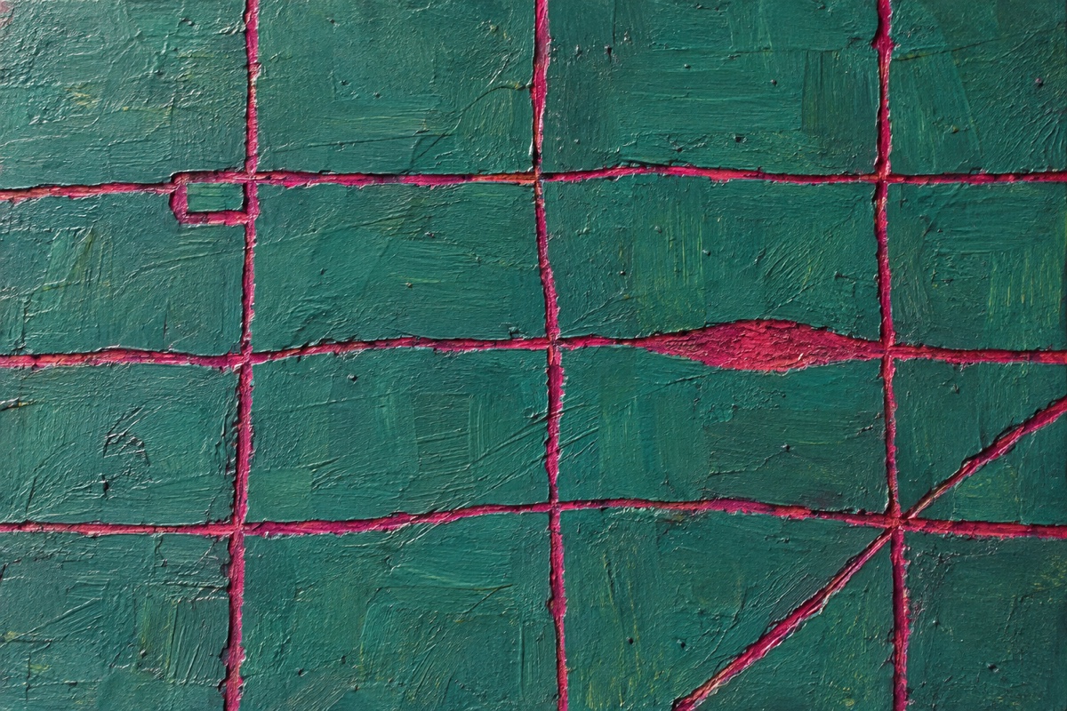 Tight crop of an irregular magenta sgraffito grid cut through teal acrylic with three deliberate breaks