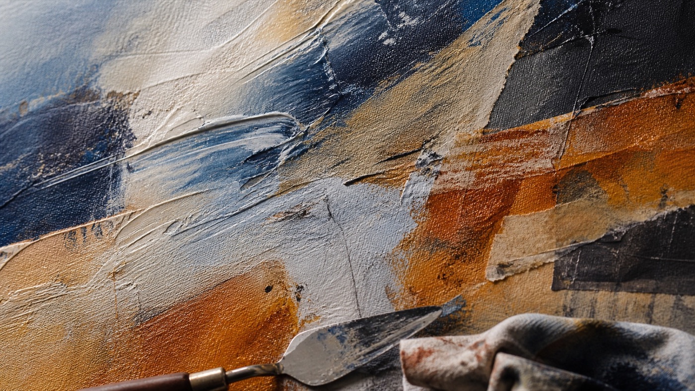 Close-up detail of a textured abstract painting showing palette-knife ridges and layered paint