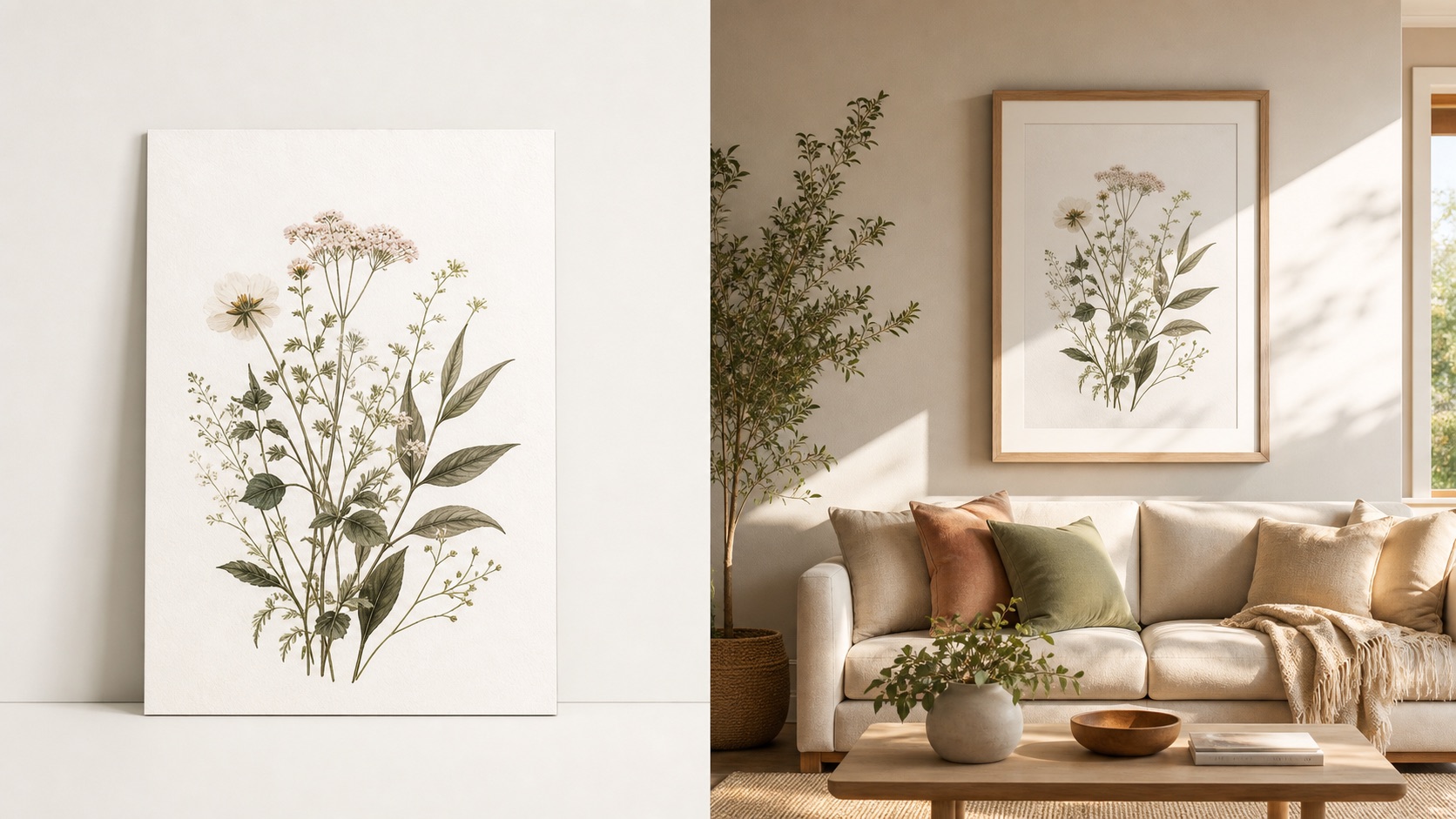 Before and after comparison showing a flat artwork file beside the same artwork presented in a realistic room mockup