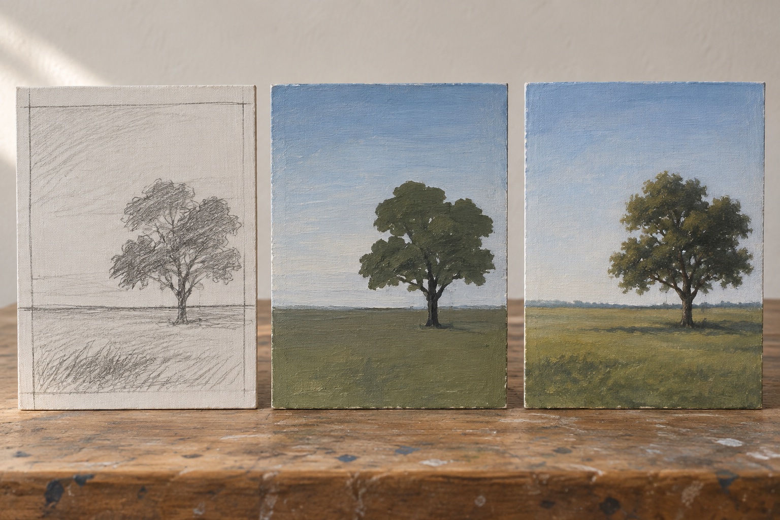 Three-stage one-tree landscape showing a compositional drawing, simple acrylic block-in, and finished study with grouped foliage and open sky