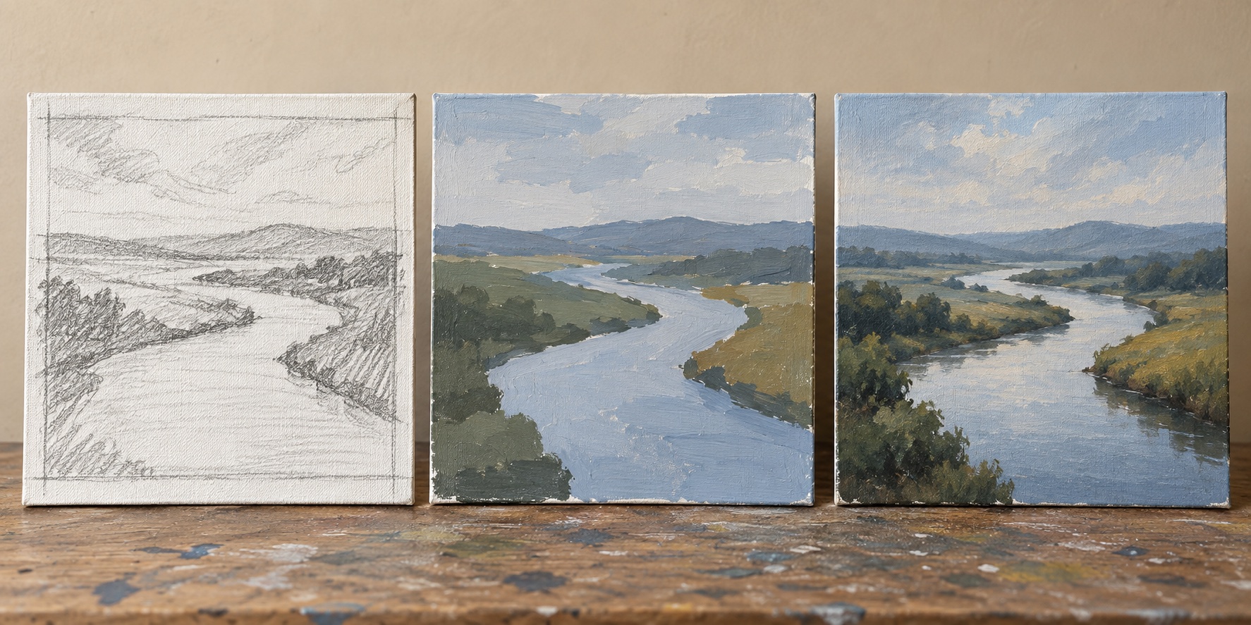 Three-stage river bend landscape showing an S-curve drawing, large-value block-in, and finished painting with softer distance and detailed foreground banks