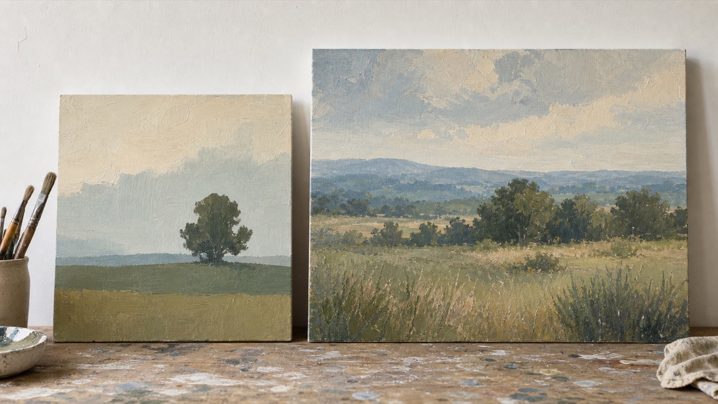 Two landscape paintings side by side, one simple with a single tree and horizon, one more layered with foreground detail, midground trees, and distant hills