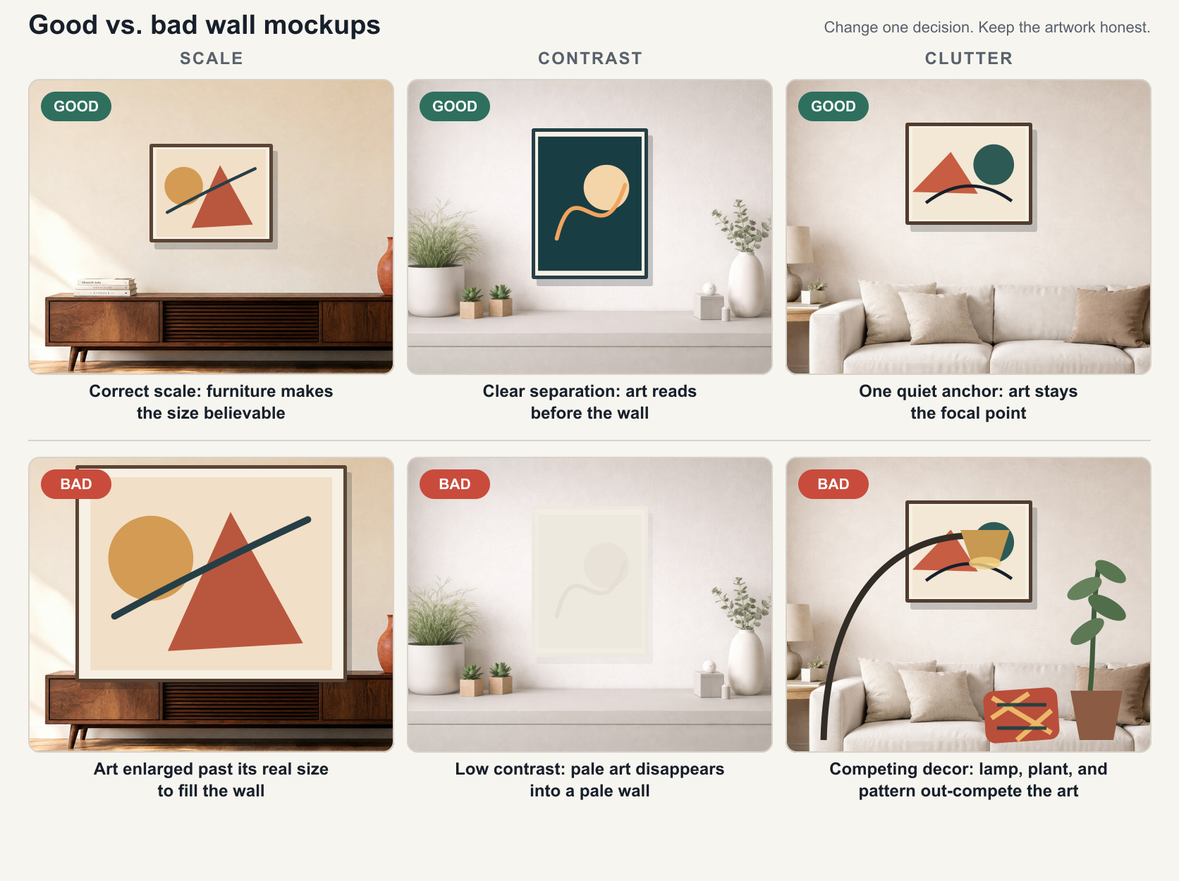 Six-panel comparison of good and bad wall mockup choices for scale, contrast, and clutter