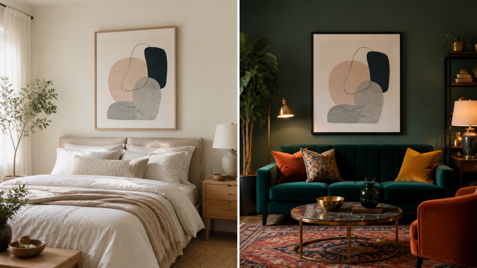 The same abstract artwork shown in a calm neutral bedroom and a bold dark living room to compare mockup mood, contrast, and buyer fit