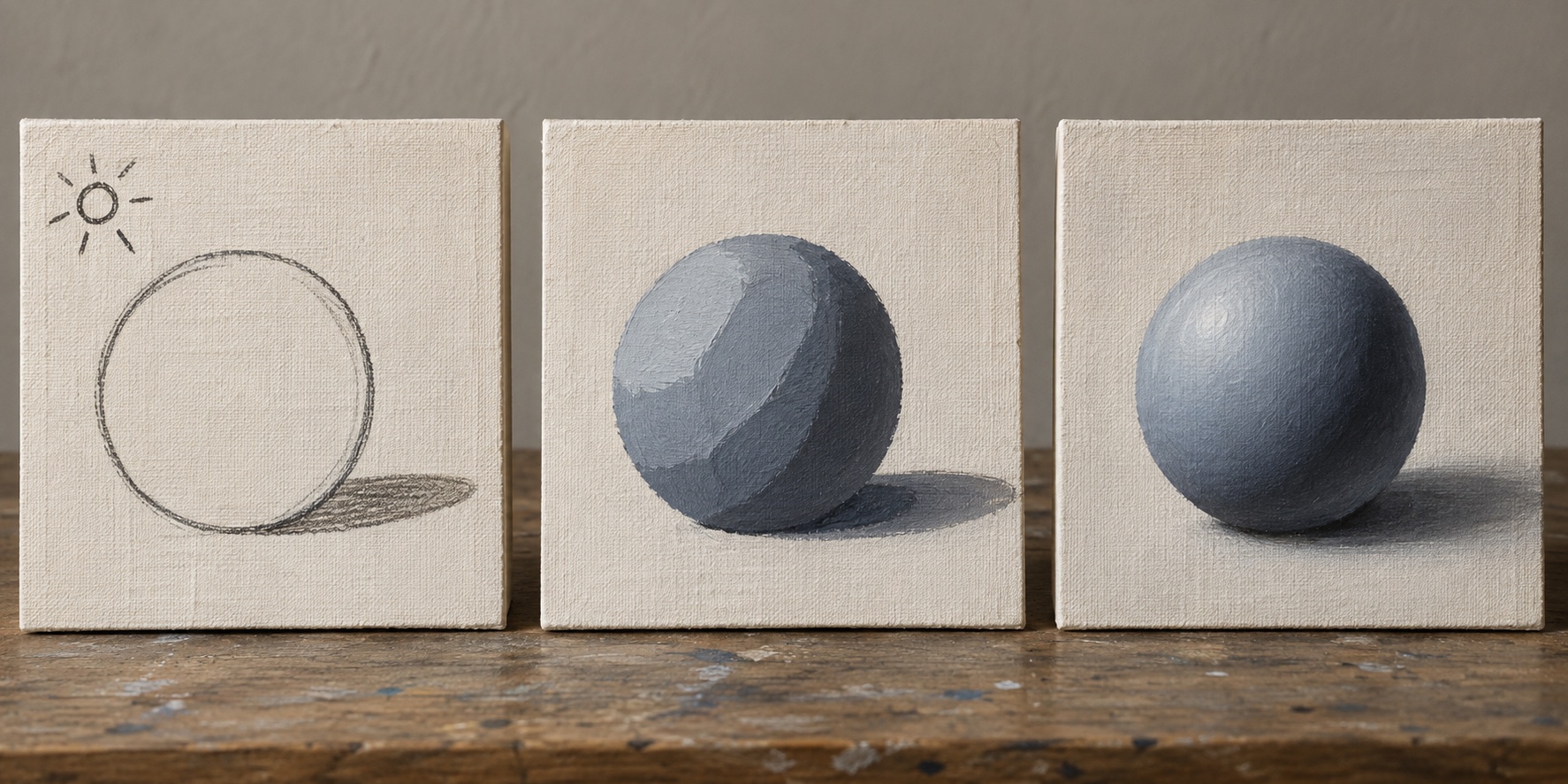 Three-stage beginner sphere exercise showing the drawing, flat value block-in, and finished hard and soft edge study