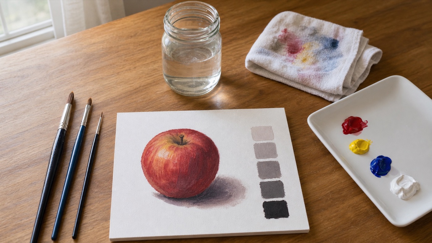 A simple beginner painting setup showing a small canvas, limited palette, and basic brushes