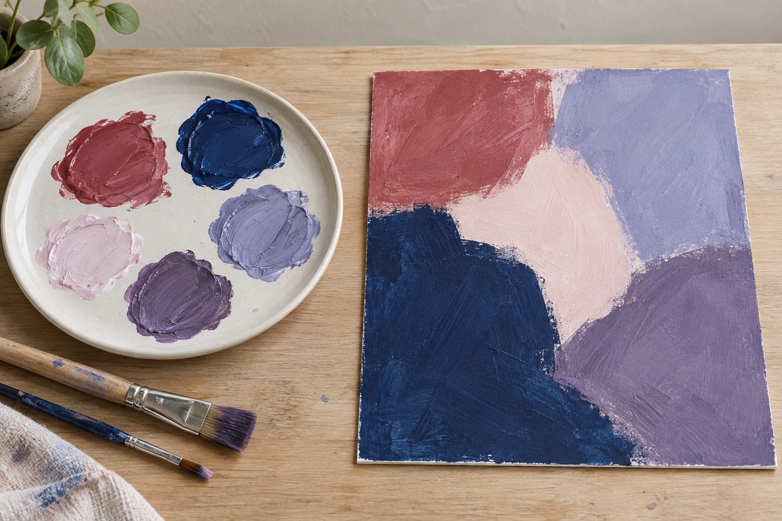 Beginner two-color abstract setup with five red blue and white mixtures beside a finished painting made from large unequal shapes