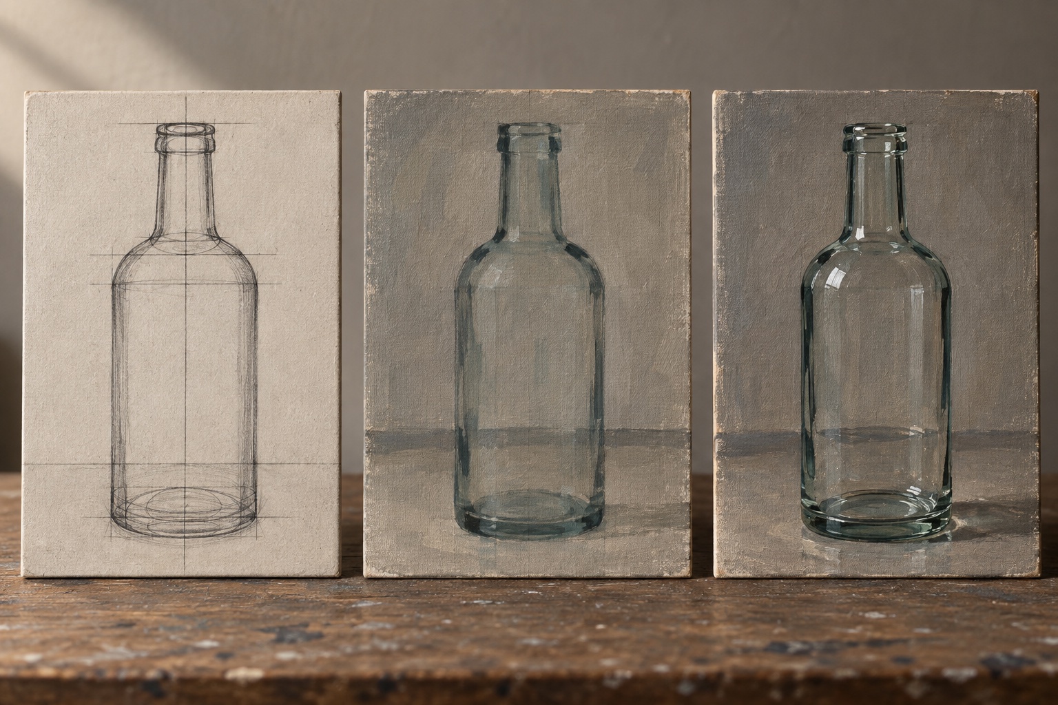 Three-stage clear glass bottle study showing symmetrical construction, transparent block-in, and a finished painting defined by edges and highlights