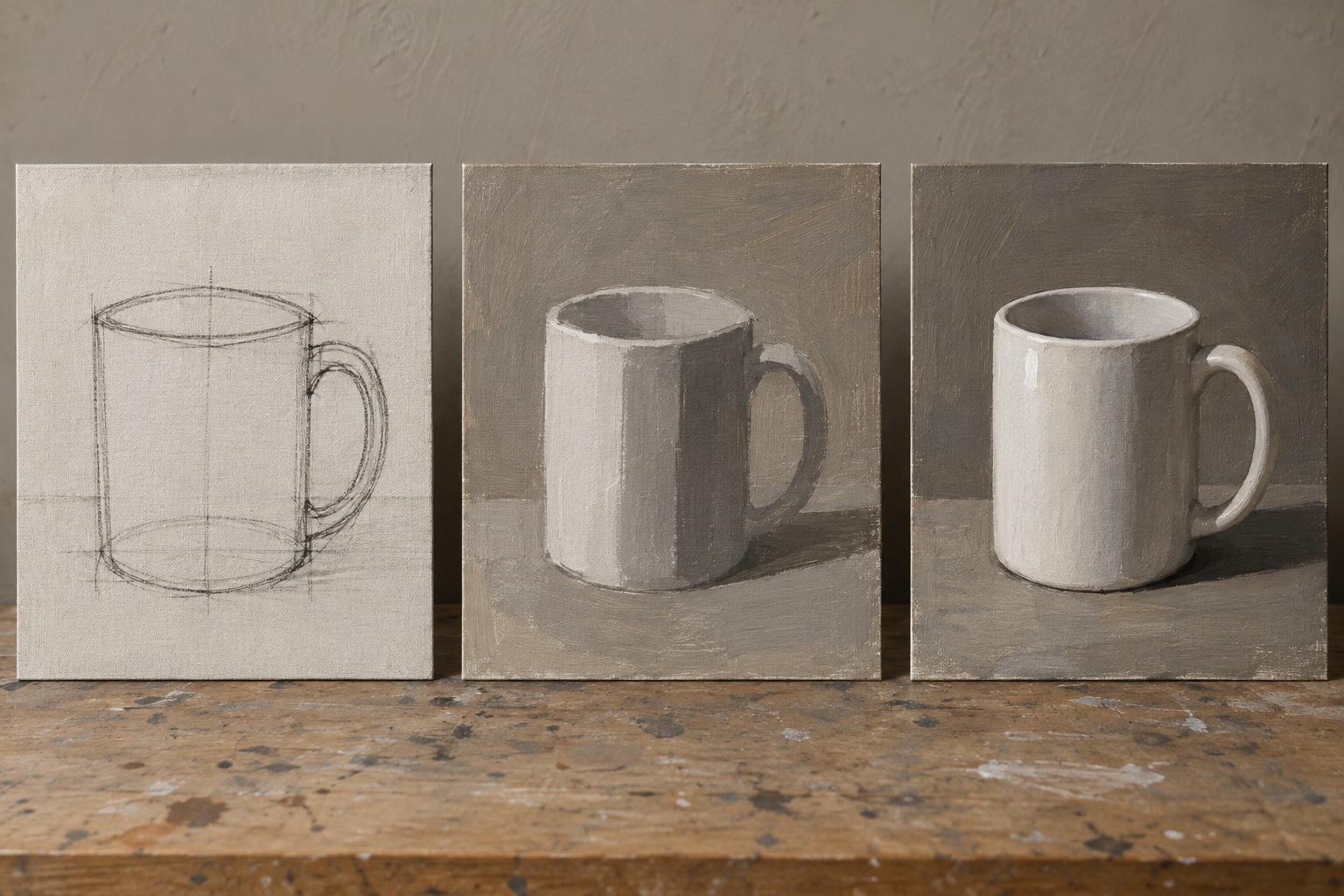 Three-stage ceramic mug painting exercise showing ellipse construction, a three-value block-in, and the finished acrylic study