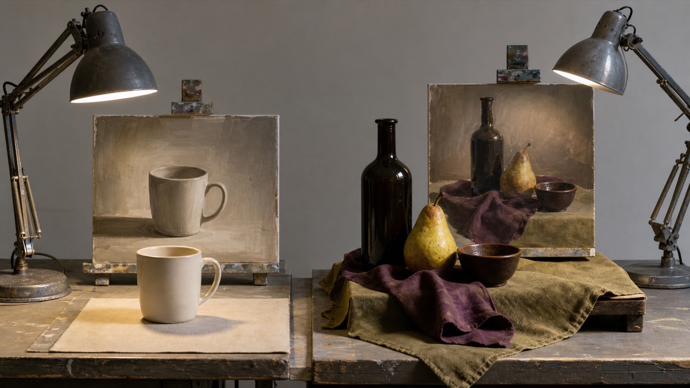 A simple single-object still life next to a more elaborately staged and lit still life arrangement, shown side by side