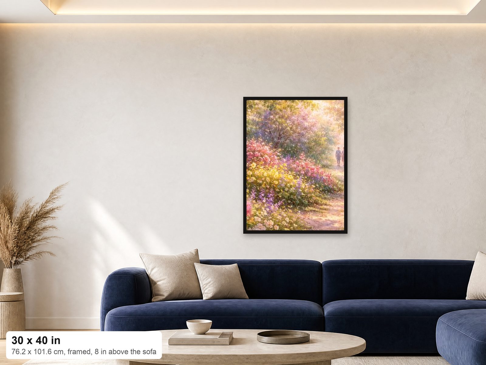 A 30x40 framed print shown at true scale on a wall above a navy sofa