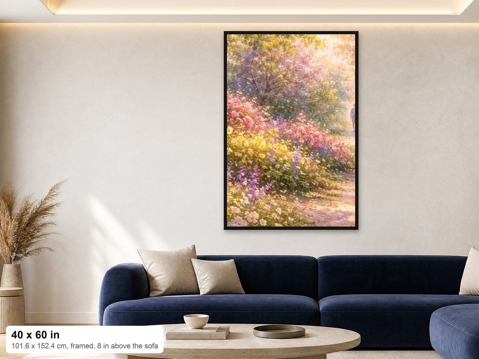 A 40x60 framed print shown at true scale on a wall above a navy sofa